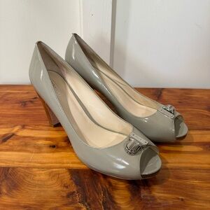 Coach Helaine Peep Toe Patent Leather Buckle Accent Pumps